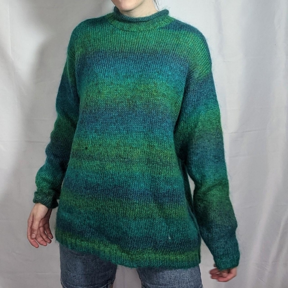 Vintage 90's Mockneck Blue Green Space Gradient Knit Sweater - Picture 1 of 4